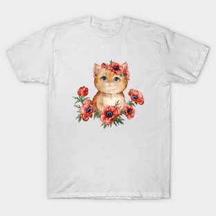 Ginger kitten with anemone wreath T-Shirt